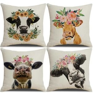 Yellow sunflower farm cow throw pillow covers